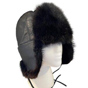 Vintage Black Leather & Fur Aviator Winter Hat With Ear Flaps & Chin Straps